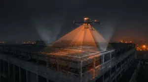 Vermessungsdrohne über einem Gebäudedach in der Dämmerung, Dach wird als orange Punktwolke erfasst
