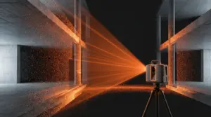 Terrestrischer 3D-Laserscanner erfasst einen Betonraum mit orangem Laserfächer als Punktwolke