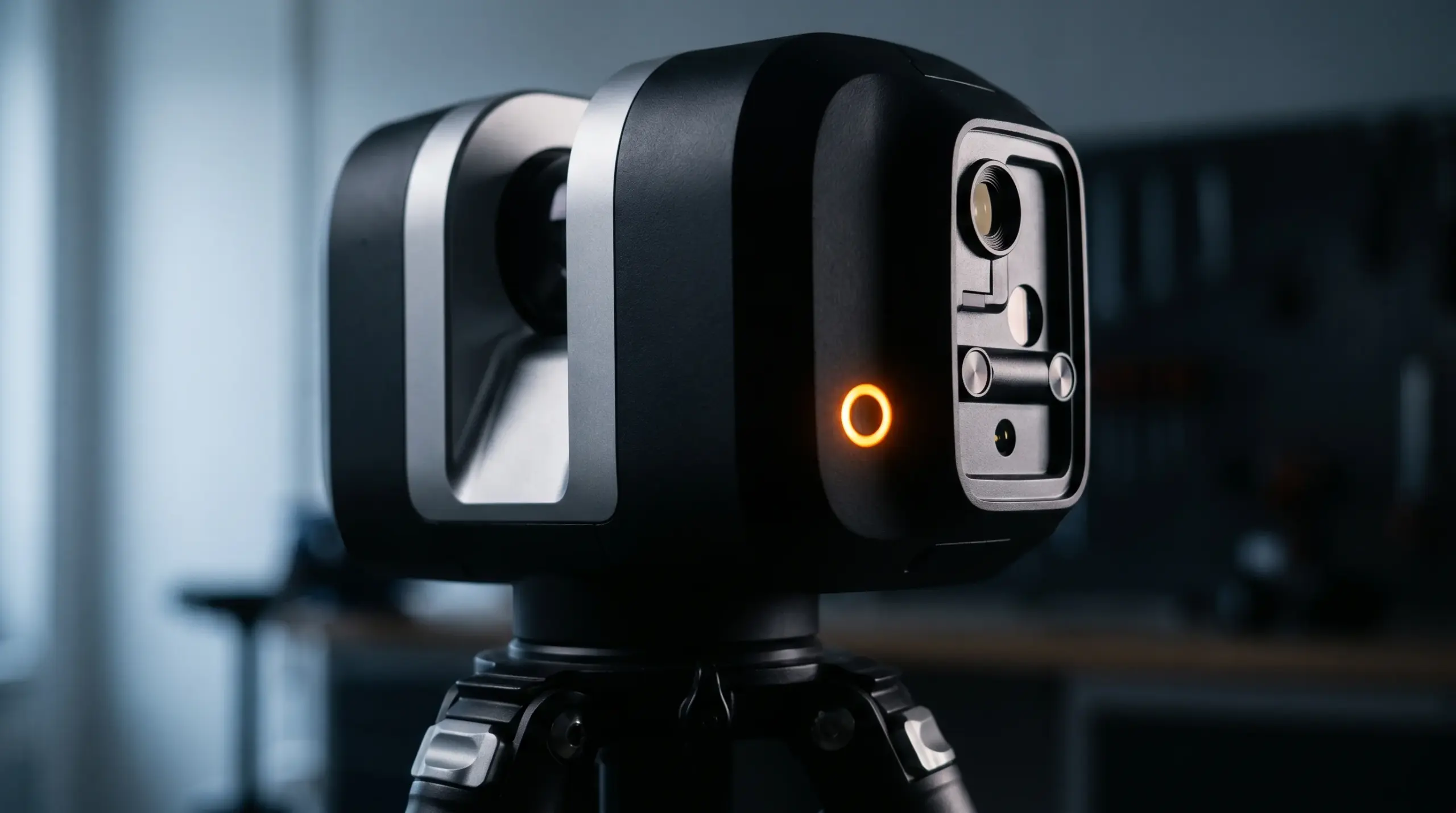 3D-Laserscanner Detail – Messkopf mit orangem LED-Licht für Gebäudevermessung