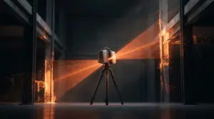 Terrestrischer 3D-Laserscanner auf Stativ erzeugt mit orangem Laserfächer eine Punktwolke