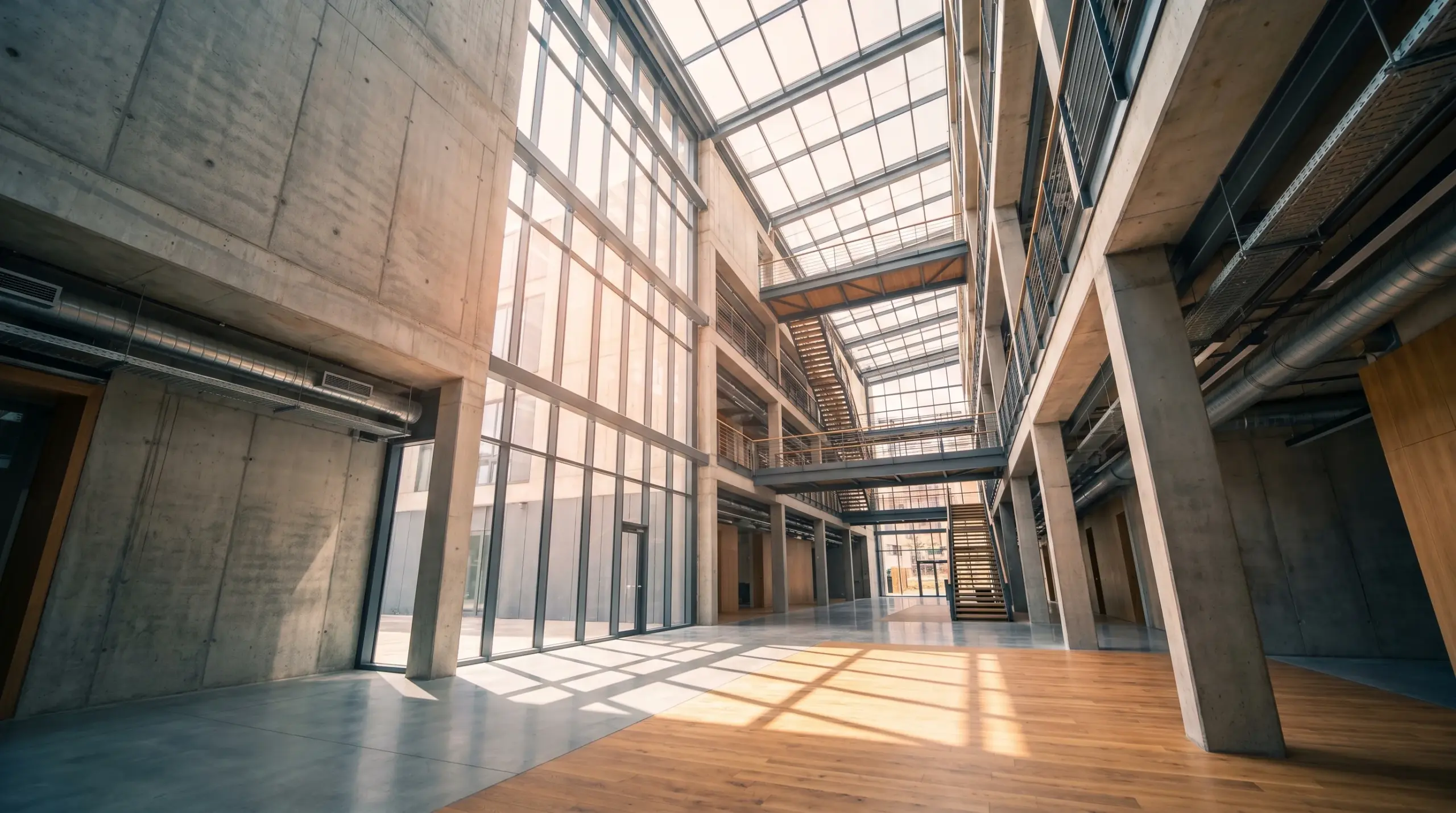 Digitaler Zwilling Gebäude – Modernes Atrium mit Sichtbeton für Gebäudedigitalisierung
