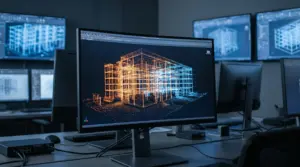 Digitaler Zwilling Gebäude – Punktwolken-Visualisierung auf Profi-Monitor