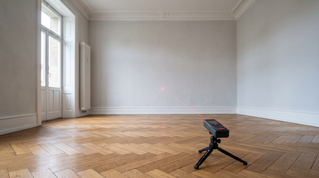 Wohnflächenberechnung – Laserdistanzmesser misst einen leeren Altbau-Wohnraum