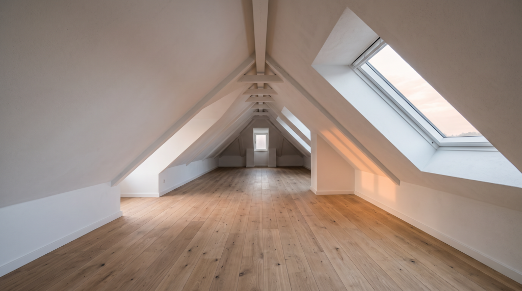 Wohnflächenberechnung Dachschräge – leeres Dachgeschosszimmer mit steiler Dachschräge, Kniestock und Dachfenster