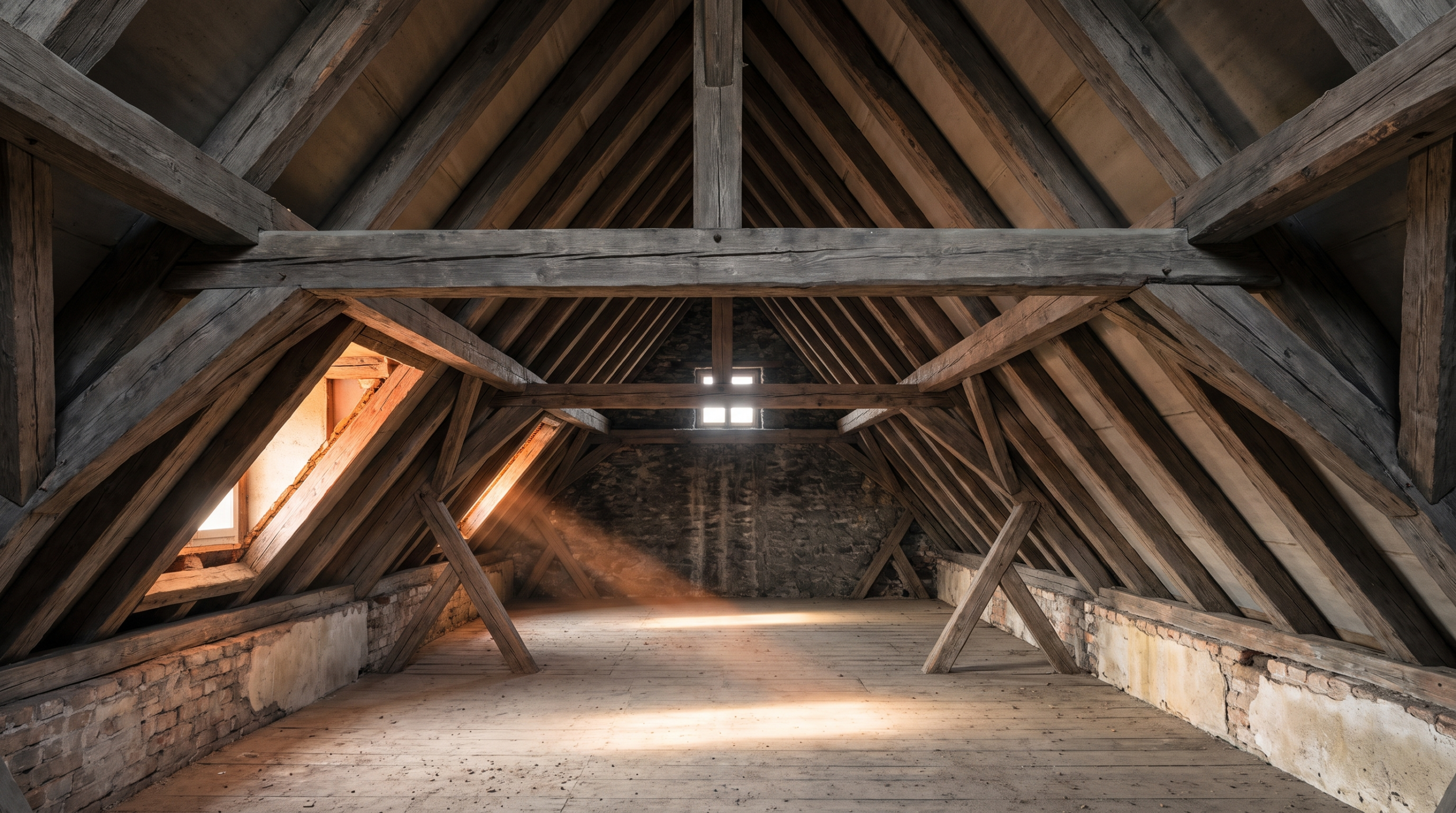 Wohnflächenberechnung Dachschräge – unausgebauter Altbau-Dachstuhl mit Sparren, Kehlbalken und Gaube