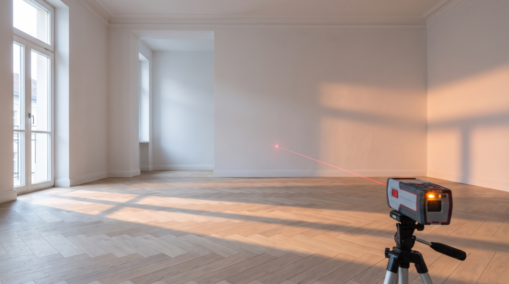 Wohnflächenverordnung – leerer Altbau-Wohnraum mit Laserdistanzmesser beim Aufmaß der Grundfläche