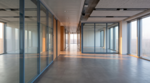 MF/G Mietflächenberechnung – Büroetage mit Glastrennwänden und gemeinsamem Flur