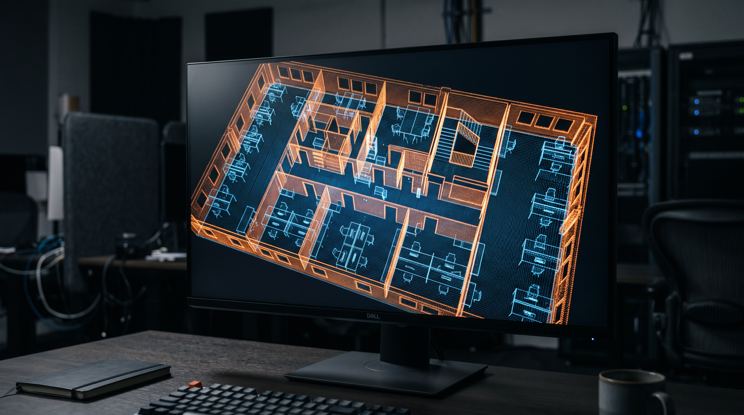 MF/G Mietflächenberechnung – Punktwolke einer Büroetage auf dem Monitor