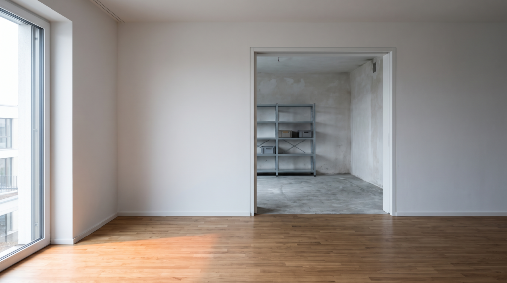 Nutzfläche vs. Wohnfläche – Blick vom Wohnraum in den Nebenraum eines Wohngebäudes