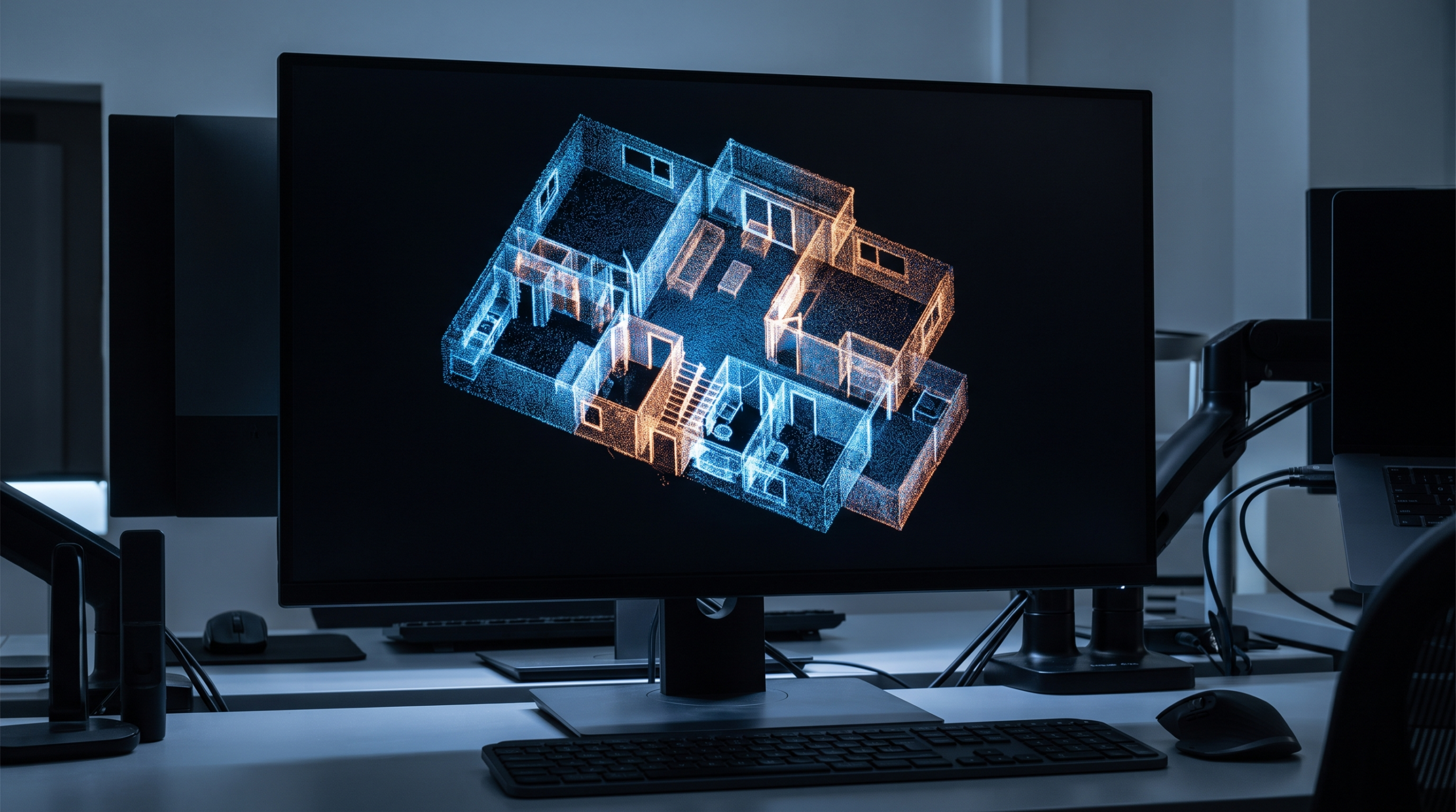 Nutzfläche berechnen – Punktwolke eines Wohnungsgeschosses auf dem Monitor
