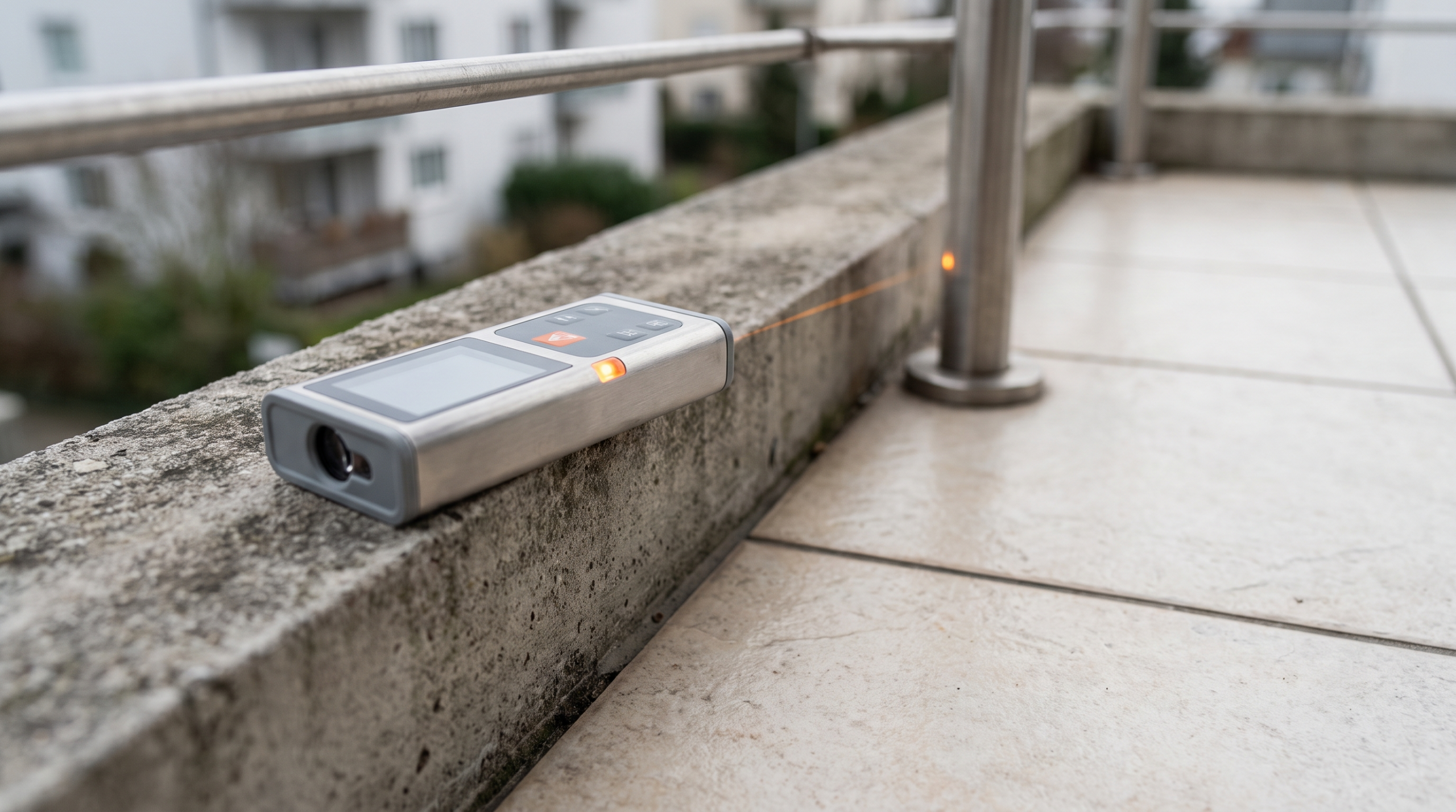 Zählt der Balkon zur Wohnfläche – Laserdistanzmesser an der Balkonbrüstung beim Aufmaß