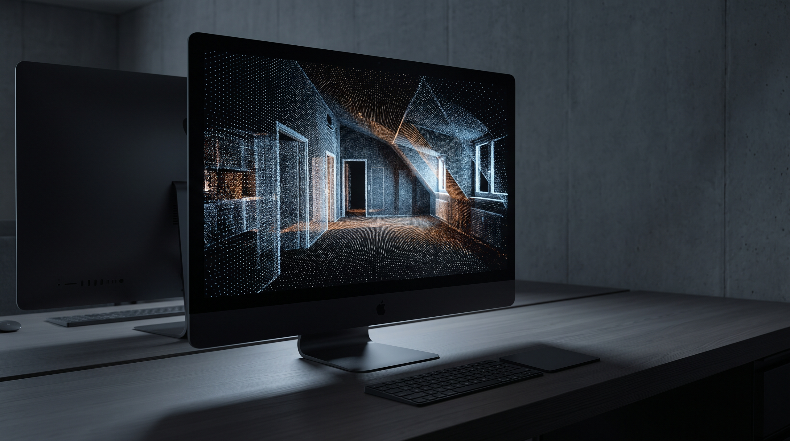Wohnflächenberechnung Kosten – Punktwolke eines Wohnungsinnenraums aus dem 3D-Laserscan auf dem Monitor