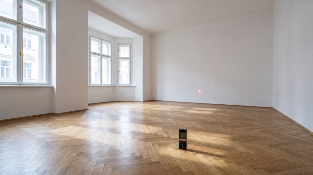 Wie rechnet man Quadratmeter aus – leerer L-förmiger Altbauraum mit Laserdistanzmesser auf dem Parkett