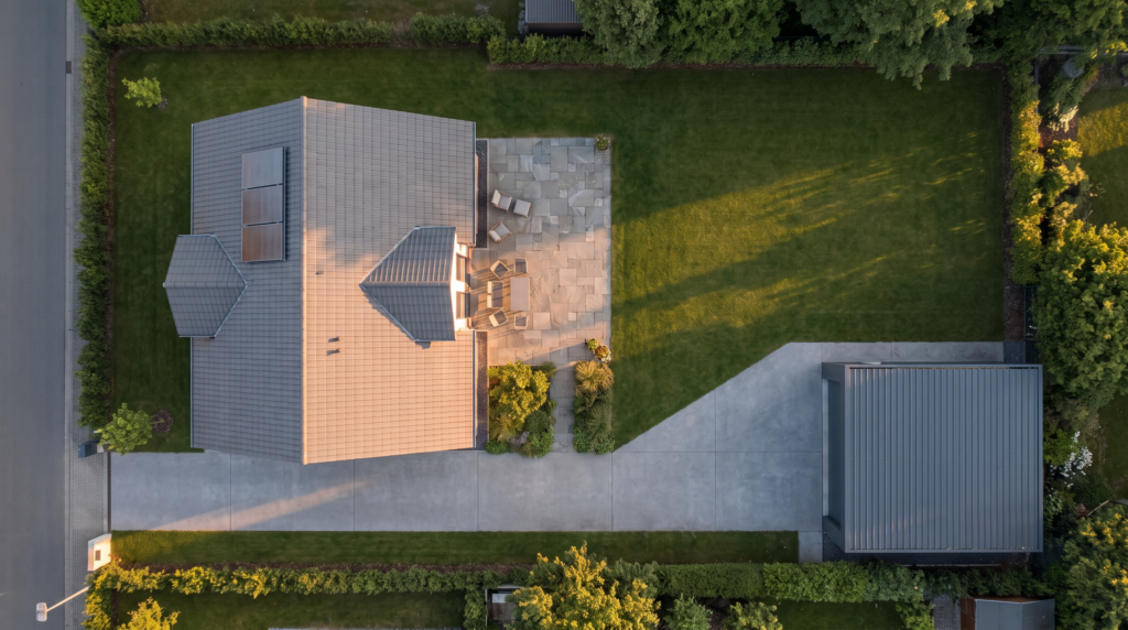 Grundfläche berechnen – Wohngrundstück mit Haus, Garage, Zufahrt und Terrasse aus der Vogelperspektive