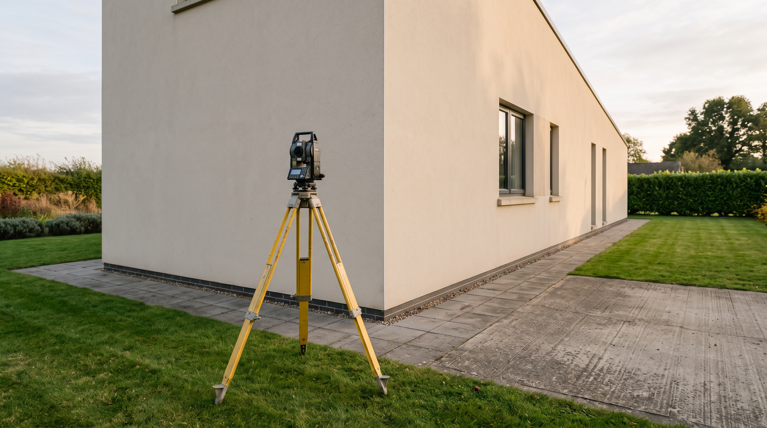 Grundfläche berechnen – Vermessungsinstrument an der Außenecke eines Wohnhauses auf dem Grundstück