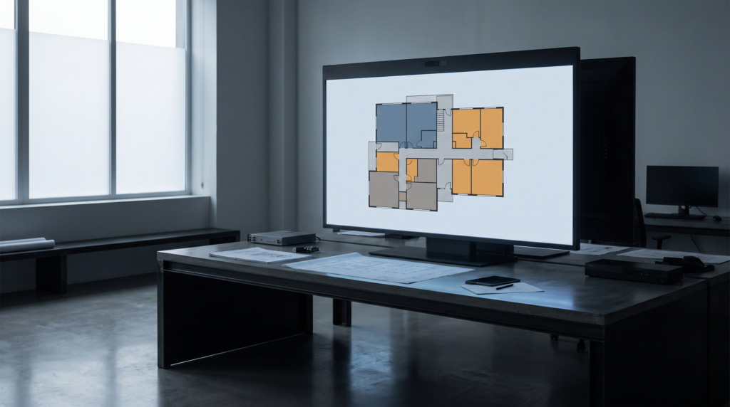 DIN 277 – Geschossgrundriss mit farbig getrennten Flächenarten auf einem Monitor