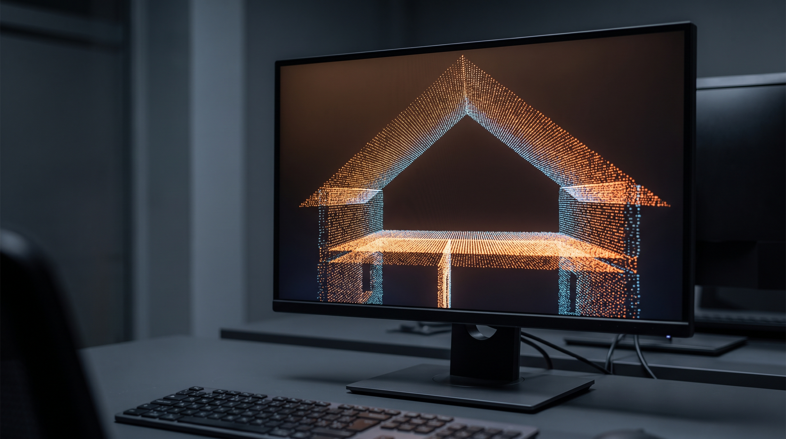 Kniestock im Laserscan – Punktwolken-Querschnitt eines Satteldachs mit Traufwänden auf dem Monitor