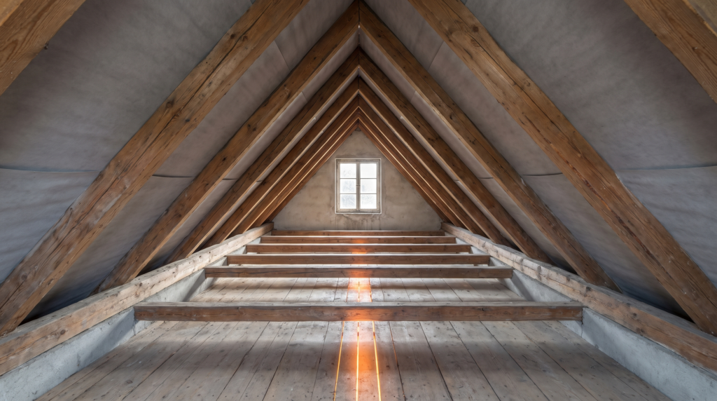Spitzboden – leerer dreieckiger Dachraum unter dem First mit Sparren und Giebelfenster