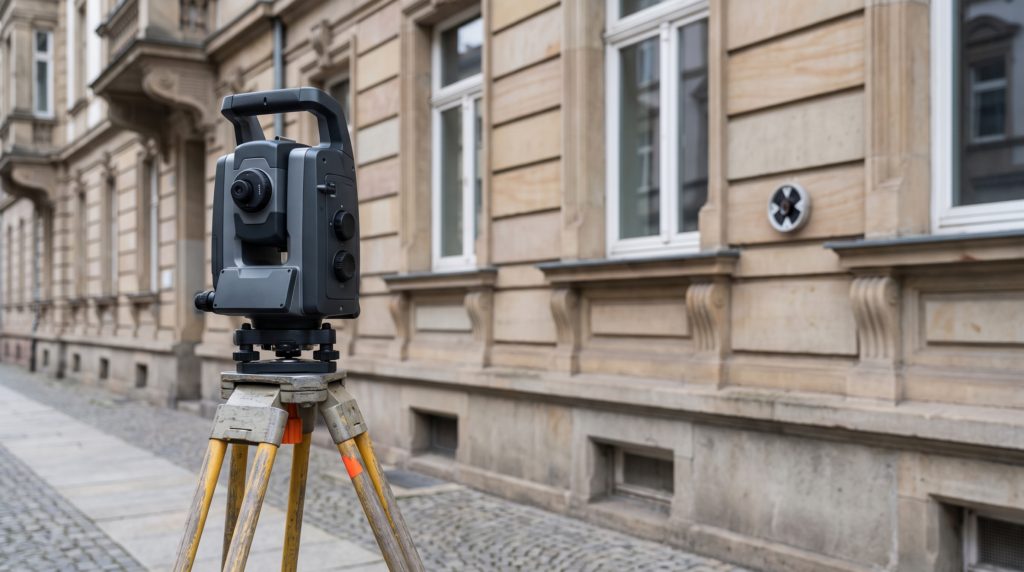 Tachymeter auf Stativ vor einer Gründerzeitfassade bei der Gebäudevermessung