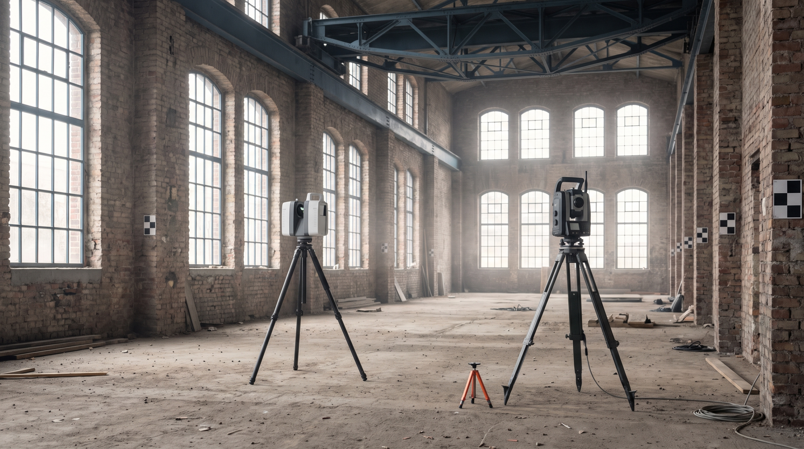 Tachymeter und 3D-Laserscanner auf Stativen in einer historischen Industriehalle mit Zielmarken an den Pfeilern
