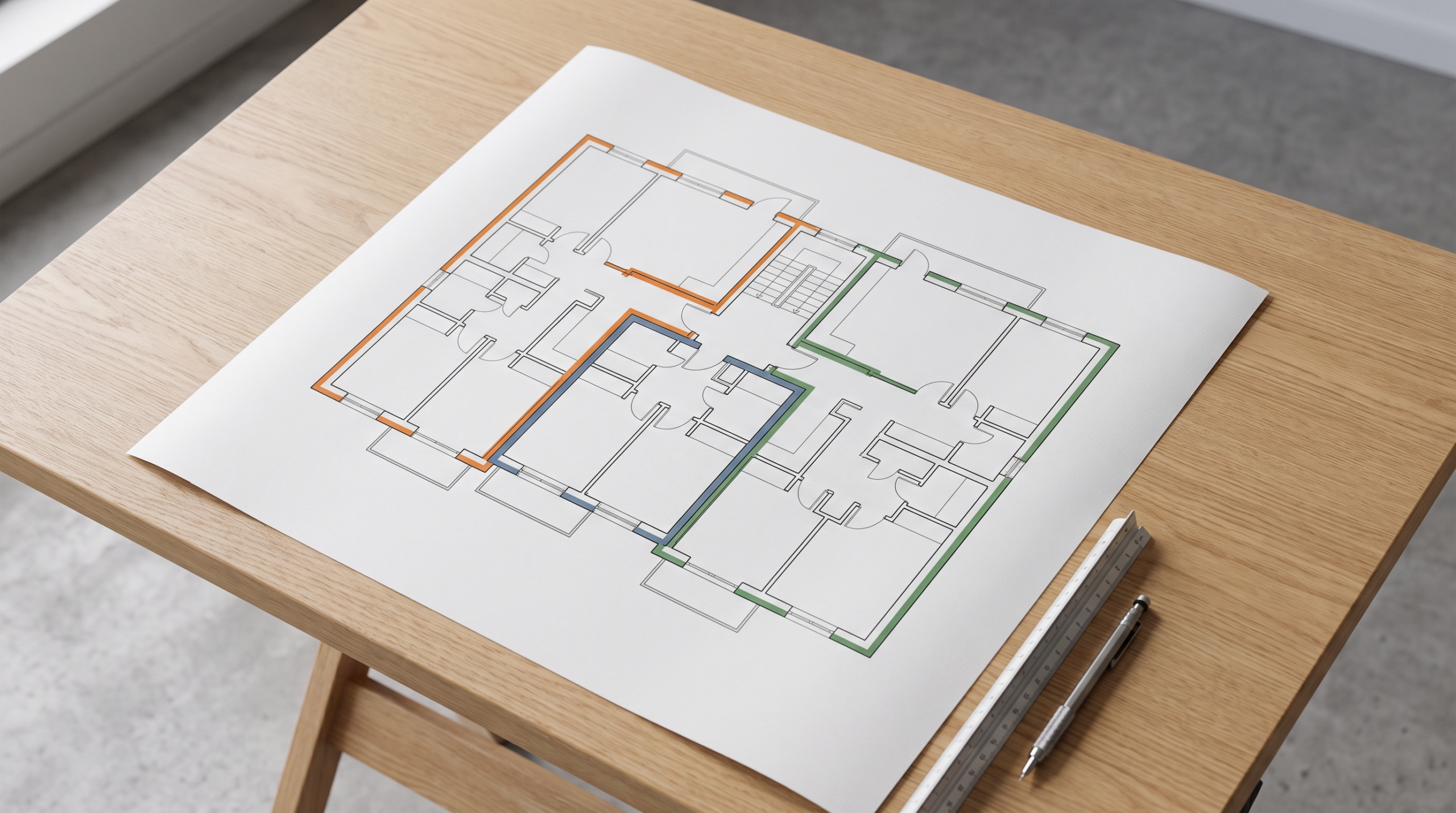 Abgeschlossenheitsbescheinigung – Geschossgrundriss mit farbig umrandeten Wohnungseinheiten als Grundlage des Aufteilungsplans