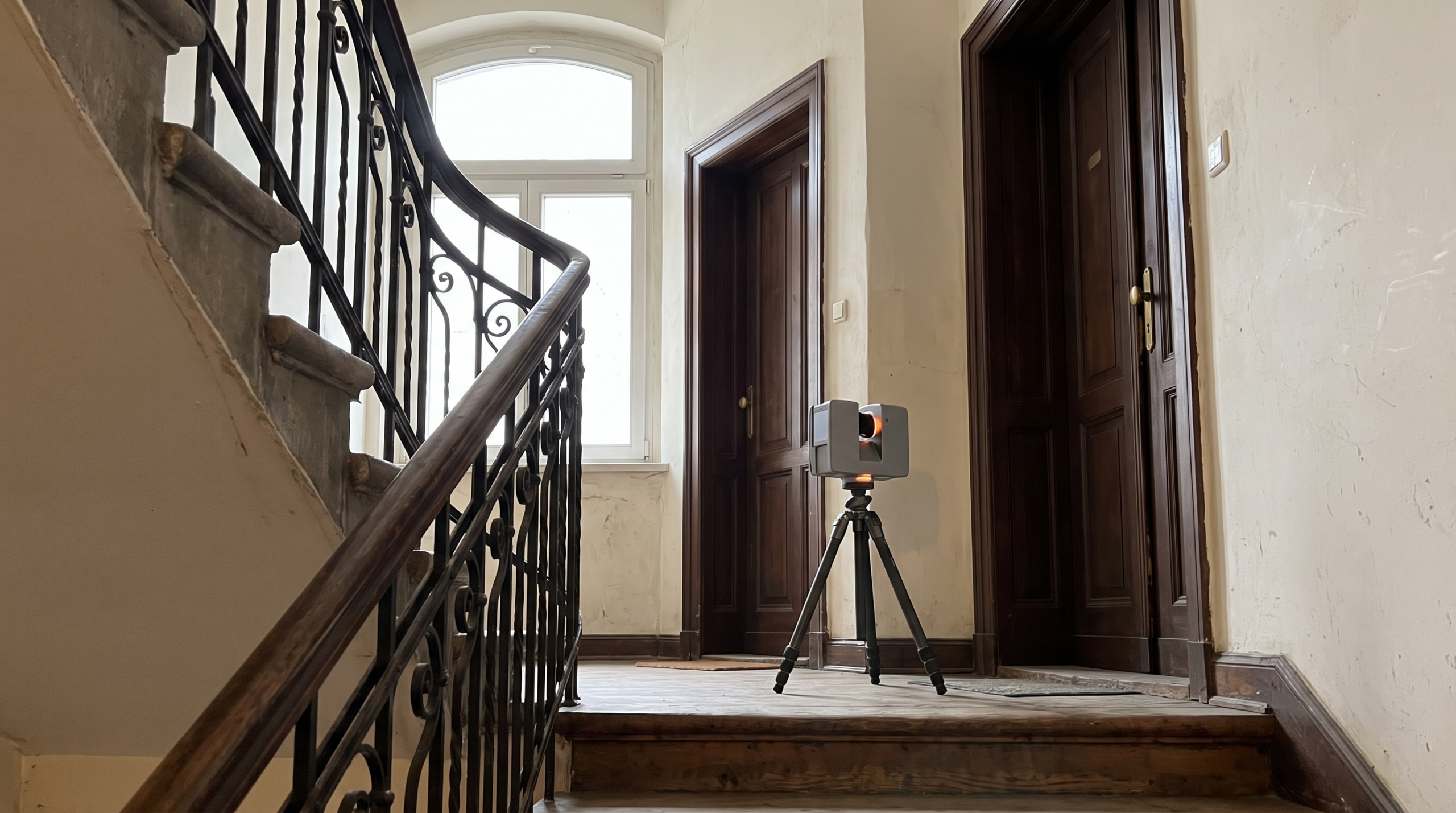 3D-Laserscanner auf Stativ im Treppenhaus eines Altbau-Mehrfamilienhauses vor den Wohnungstüren, Aufmaß für den Aufteilungsplan