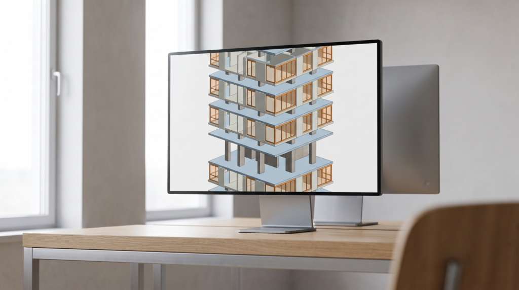 IFC-Datei – BIM-Gebäudemodell mit auseinandergezogenen Geschossen und Bauteilen auf dem Monitor