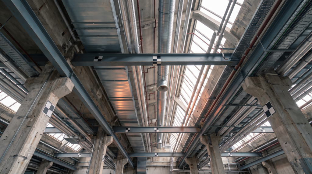 As built – Lüftungskanäle, Rohrleitungen und Scan-Zielmarken unter der Hallendecke